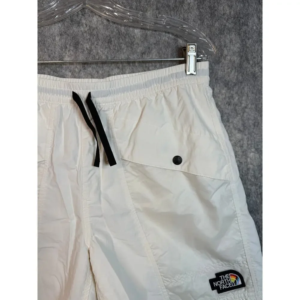 The North Face Mens Nylon Front Pocket Lined White Shorts Rainbow Logo Small